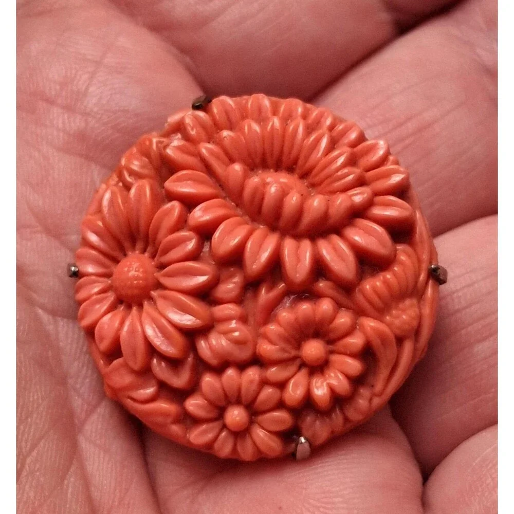 Carved Coral Glass Flowers Brooch Vintage Pin